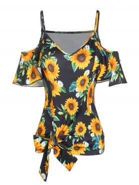 Bowknot Sunflower Print Cold Shoulder Tee