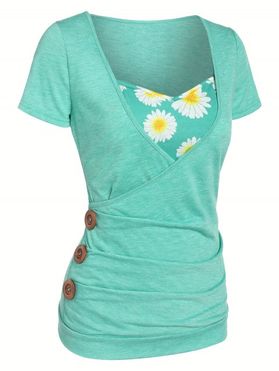 Heathered Daisy Floral Print Surplice Sweetheart Neck Mock Button T Shirt