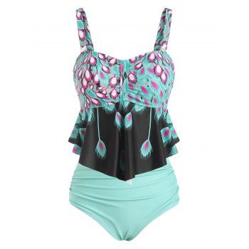 

Bohemian Peacock Feather Swimsuit High Rise Ruched Tankini Modest Swimwear, Green