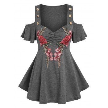 

Embroidered Floral Cutout Cold Shoulder Ruched Flutter Sleeve Skirted Tee, Gray