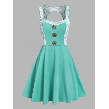 

Flower Lace Strap Mock Button A Line Dress, Green