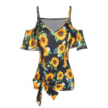 

Bowknot Sunflower Print Cold Shoulder Tee, Black