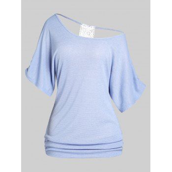 

Plus Size&Curve Contrast Lace Panel Cutout Tee, Light blue