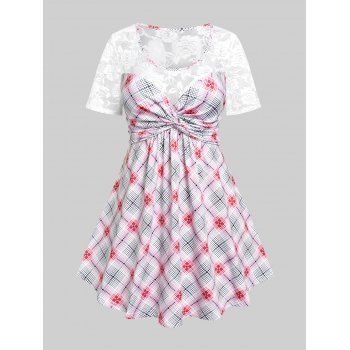 

Plus Size&Curve Lace Panel Plaid Front Twist T-shirt, Light pink