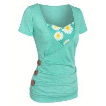dresslily Heathered Daisy Floral Print Surplice Sweetheart Neck Mock Button T Shirt