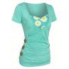 Heathered Daisy Floral Print Surplice Sweetheart Neck Mock Button T Shirt - LIGHT GREEN XL