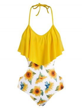 Beach Monokini Swimsuit Sunflower Print Bright Color Cut Out Flounce Halter One-piece Swimwear