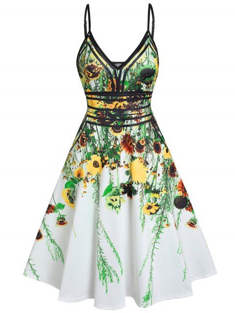 Robe Mini d'Eté et Soirée Évasée à Bretelles à Imprimé Feuille et Fleur en Ligne A de Vacances