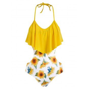

Beach Monokini Swimsuit Sunflower Print Bright Color Cut Out Flounce Halter One-piece Swimwear, Multicolor