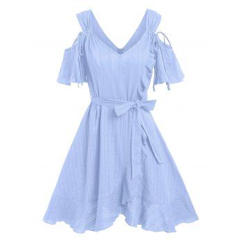 

Cold Shoulder Ruffle Cutout Tie Flounce Belted Dress, Light blue