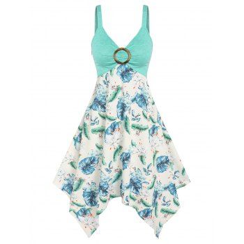 

Leaf Flower Print Handkerchief Backless Cami Dress, Light green