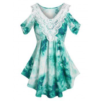 

Tie Dye Print Lace Insert Cold Shoulder Blouse Top, Light green