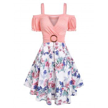 

Cold Shoulder Flower Print Cutout Puff Sleeve Dress, Light pink