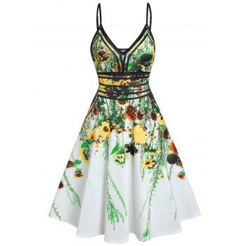 

Summer Vacation Sundress Floral Leaf Printed Garden Party Dress Flare A Line Slip Mini Dress, Light yellow