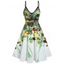 Robe Mini d'Eté et Soirée Évasée à Bretelles à Imprimé Feuille et Fleur en Ligne A de Vacances - Jaune clair S