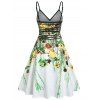 Robe Mini d'Eté et Soirée Évasée à Bretelles à Imprimé Feuille et Fleur en Ligne A de Vacances - Jaune clair S