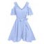 Cold Shoulder Ruffle Cutout Tie Flounce Belted Dress - LIGHT BLUE XL