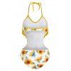 Beach Monokini Swimsuit Sunflower Print Bright Color Cut Out Flounce Halter One-piece Swimwear - multicolor S