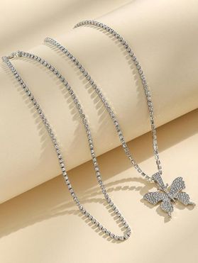 2Pcs Rhinestone Butterfly Hip-hop Necklaces