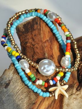 3Pcs Starfish Faux Pearl Beaded Bohemian Bracelets
