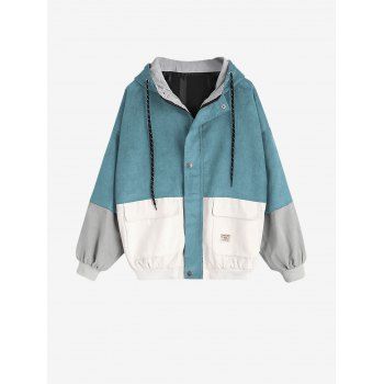 

Color Block Hooded Corduroy Jacket, Blue green