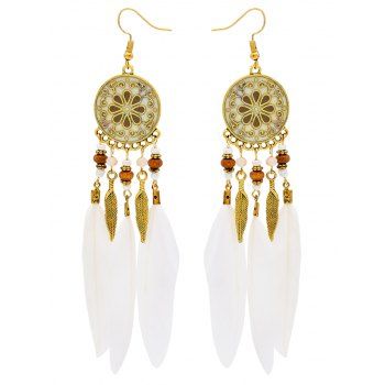 Fashion Women Bohemian Floral Print Beaded Feather Drop Earrings Jewelry Online White