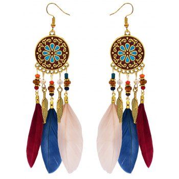 Fashion Women Bohemian Floral Print Beaded Feather Drop Earrings Jewelry Online Multicolor