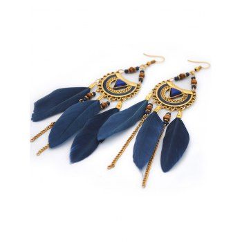 

Feather Metal Tassel Beaded Vintage Earrings, Deep blue