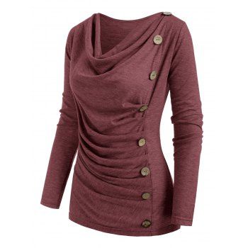 

Heather Mock Button Long Sleeves Draped Cowl Neck T-shirt, Deep red