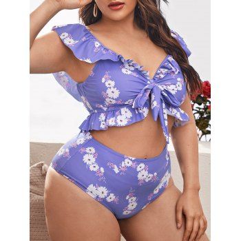 Plus Size Floral Ruffle Knot High Rise Tankini Swimwear