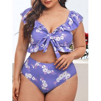 

Plus Size Floral Ruffle Knot High Rise Tankini Swimwear, Purple