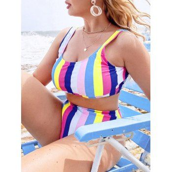 Plus Size Rainbow Striped High Rise Crop Tankini Swimwear