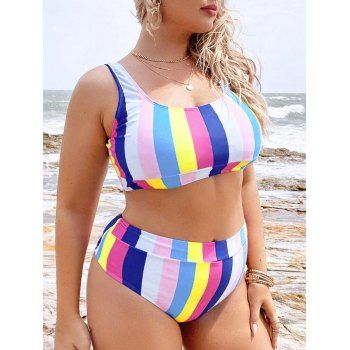 

Plus Size Rainbow Striped High Rise Crop Tankini Swimwear, Multicolor