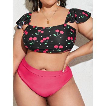 

Plus Size Cherry Print Ruffle High Rise Tankini Swimwear, Multicolor