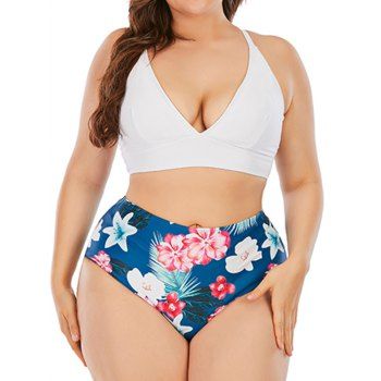 

Plus Size Flower Lace Up Cross Tummy Control Tankini Swimwear, Multicolor