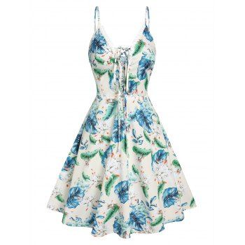 

Allover Leaf Flower Picot Trim Lace Up Cami Dress, Multicolor