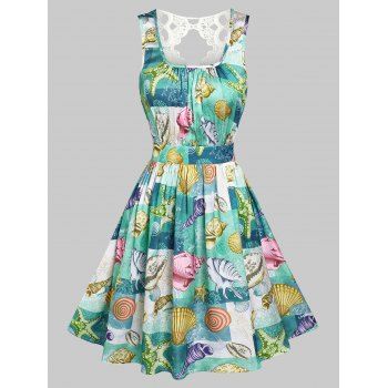 

Marine Life Print Lace A Line Dress, Green