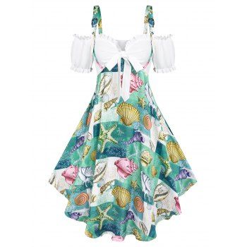 

Marine Life Print Bowknot Cold Shoulder Dress, Green