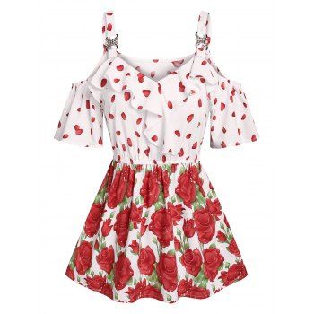 

Cold Shoulder Rose Print Flounce Top, Red