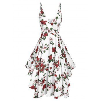 

Flower Print Plunging Neck Asymmetric Dress, White