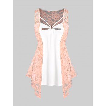 

Plus Size&Curve O Ring Cutout Lace Panel 2 in 1 Tank Top, White