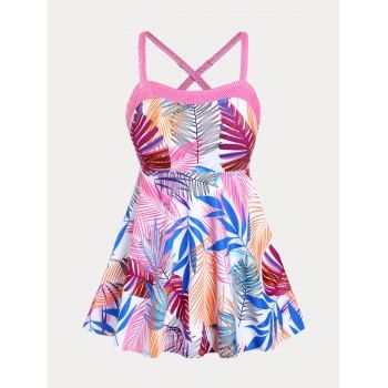 

Plus Size Palm Print Crisscross Cutout Tankini Swimwear, Light pink