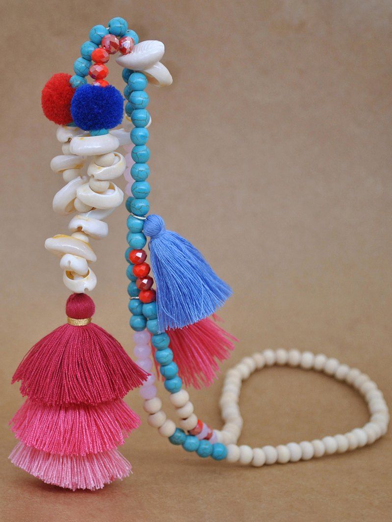 Bohemian Beaded Faux Turquoise Shell Tassel Necklace - RED 