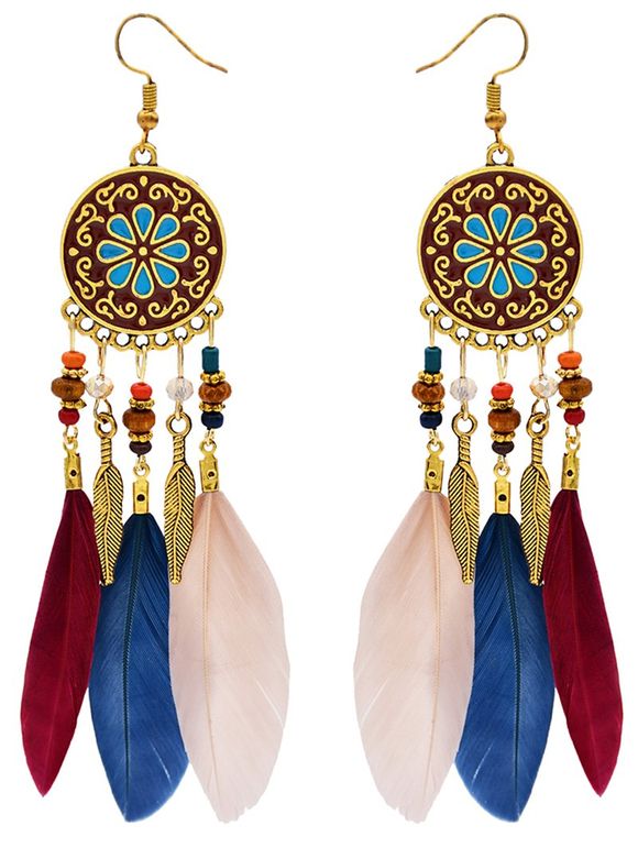Boucles D'Oreilles Pendantes en Plumes et Perles à Imprimé Floral Style Bohémien - multicolor 