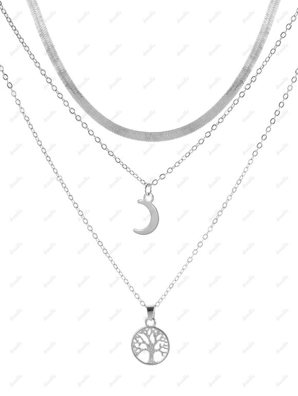 Collier Pendant Lune Arbre Superposé - Argent 