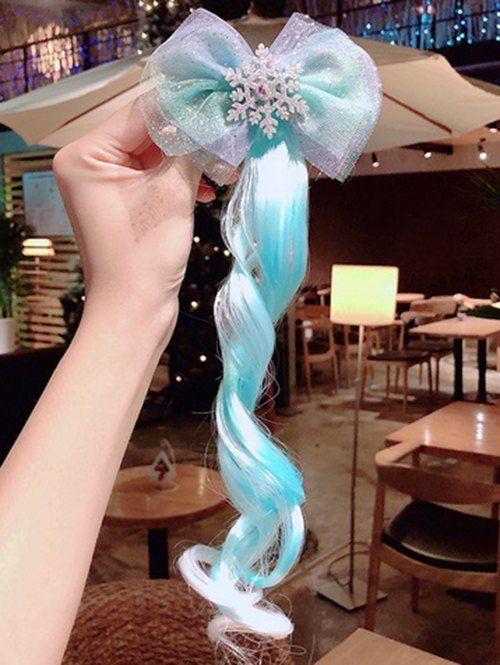 Perruque à Cheveux Ondulée Ombrée avec Nœud Papillon en Maille - Bleu clair 