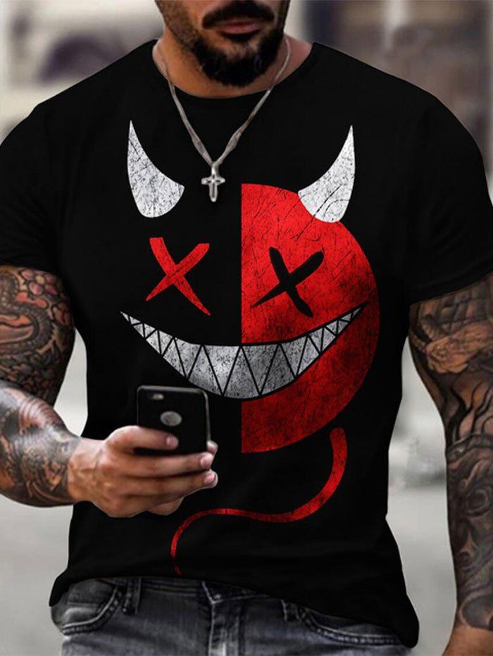 Devil Smiling Face Print Short Sleeve T-shirt - multicolor XL
