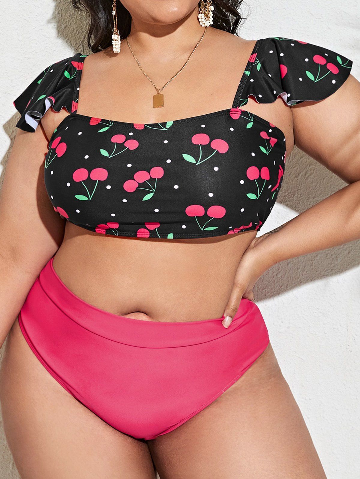 Plus Size Cherry Print Ruffle High Rise Tankini Swimwear - multicolor 1XL