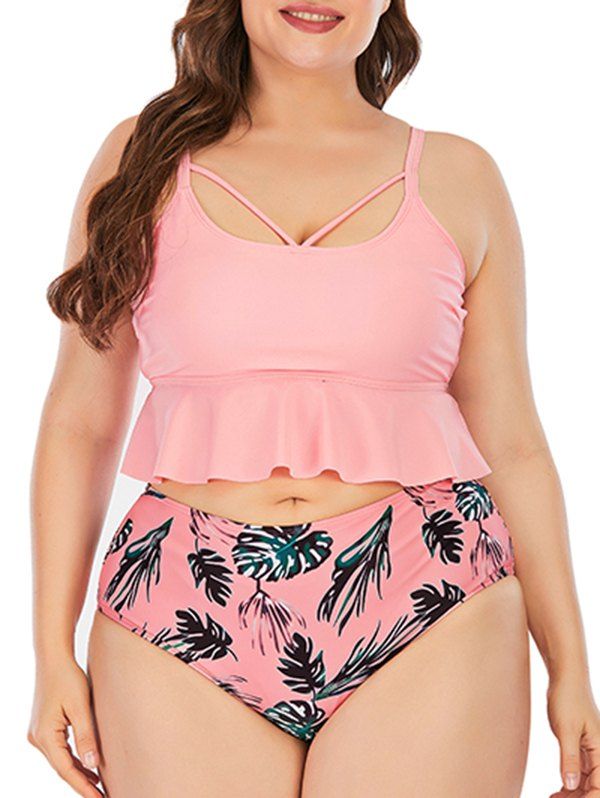 Plus Size Tropical Leaf Print Padded Tankini Swimsuit - multicolor 4XL