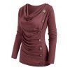 Heather Mock Button Long Sleeves Draped Cowl Neck T-shirt - DEEP RED 3XL